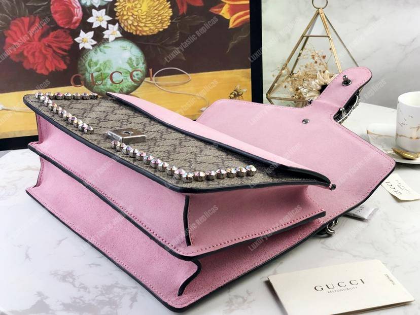 G*u*i beige pink gg sup*e coated canvas crystal small dionysus shoulder bag