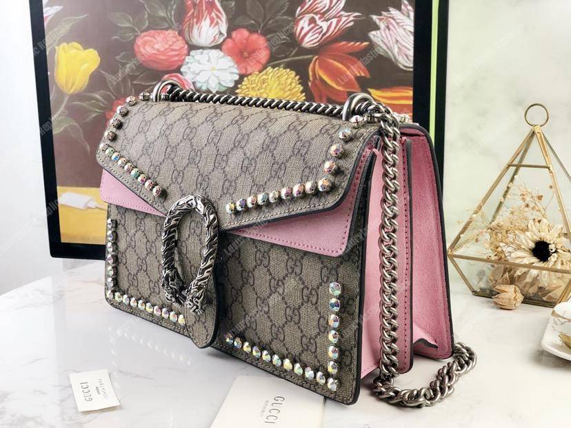 G*u*i beige pink gg sup*e coated canvas crystal small dionysus shoulder bag