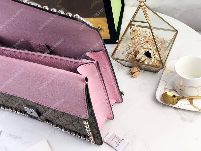 G*u*i beige pink gg sup*e coated canvas crystal small dionysus shoulder bag