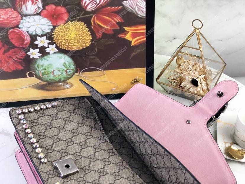 G*u*i beige pink gg sup*e coated canvas crystal small dionysus shoulder bag