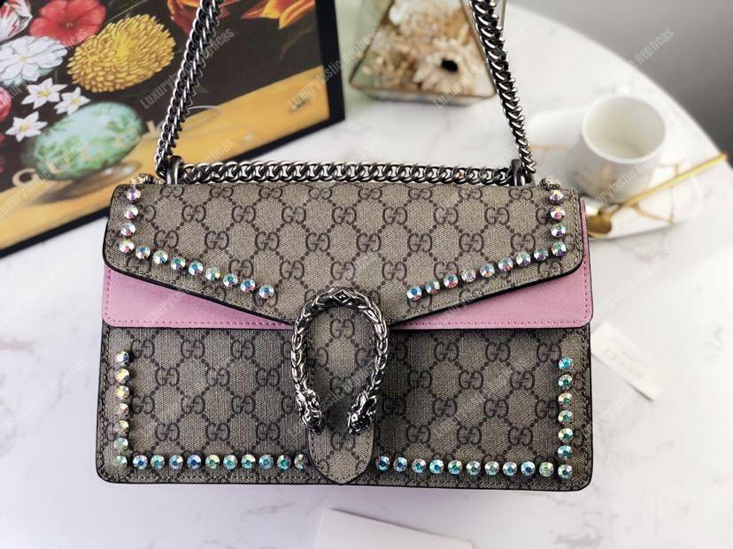 G*u*i beige pink gg sup*e coated canvas crystal small dionysus shoulder bag