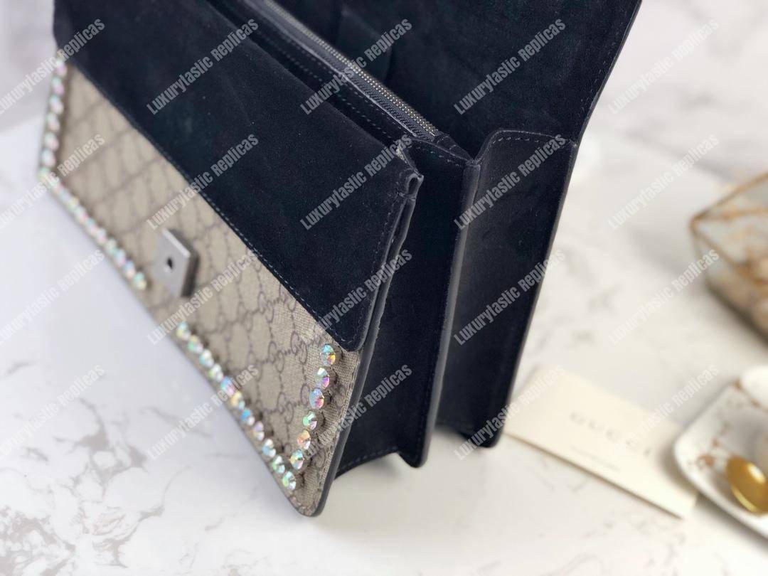 G*u*i beige black gg sup*e coated canvas crystal small dionysus shoulder bag