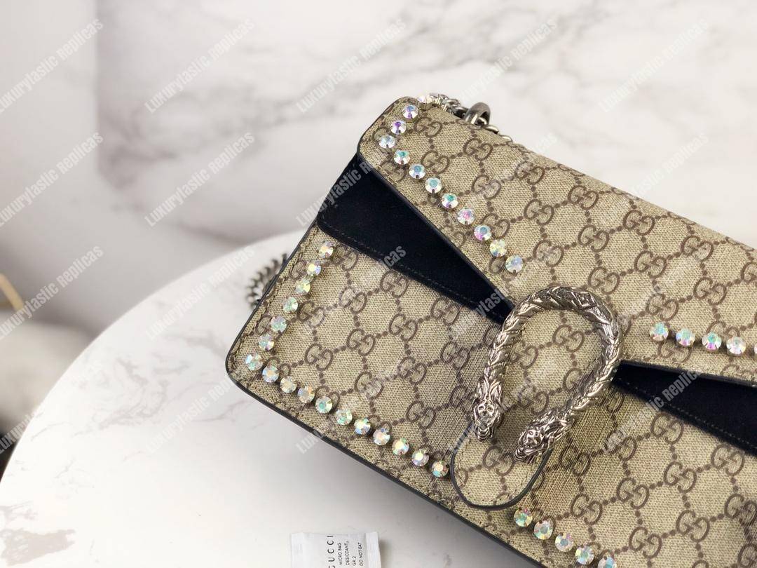 G*u*i beige black gg sup*e coated canvas crystal small dionysus shoulder bag