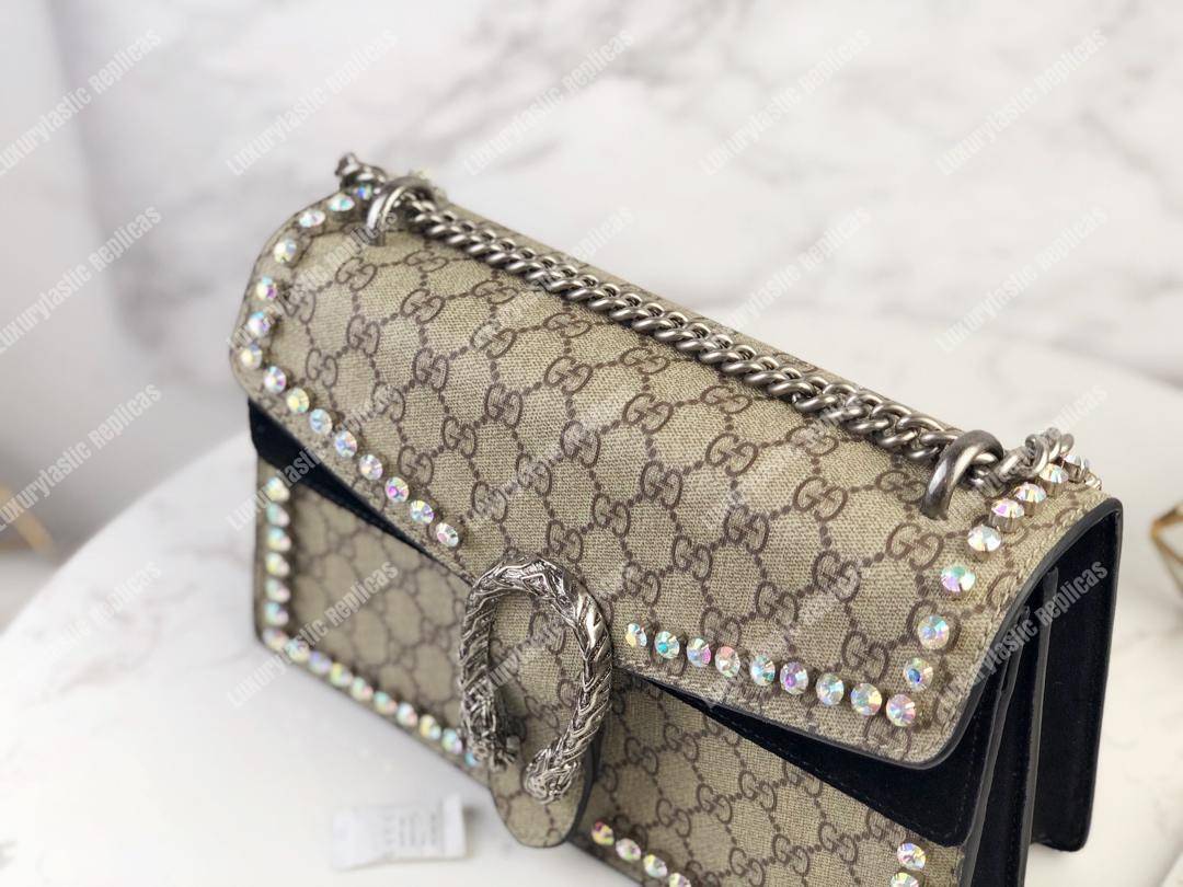 G*u*i beige black gg sup*e coated canvas crystal small dionysus shoulder bag