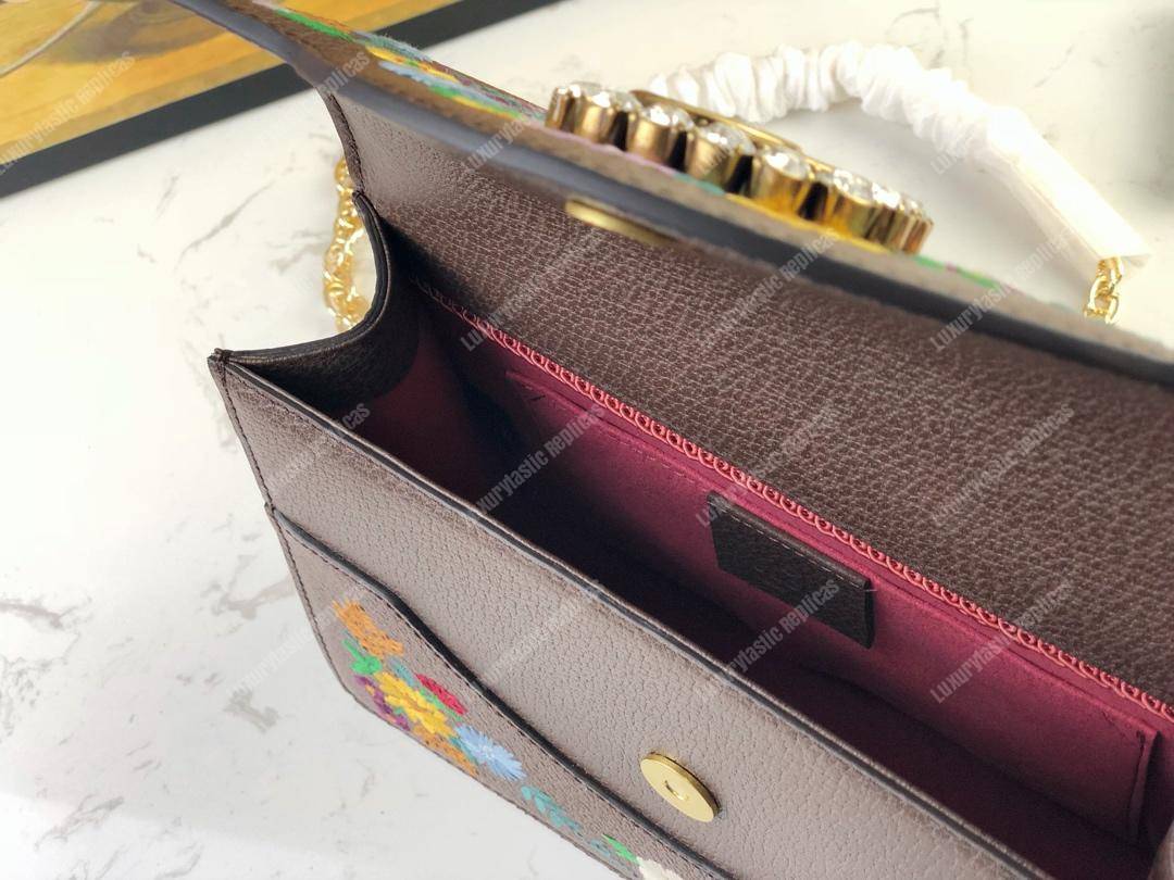 G*u*i embroidered small shoulder bag leather brown