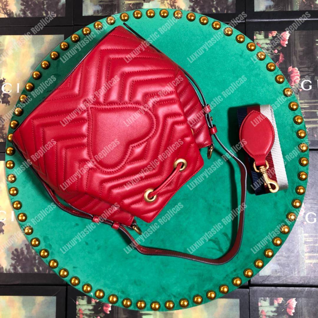 G*u*i gg marmont chevron leather bucket bag hibiscus red
