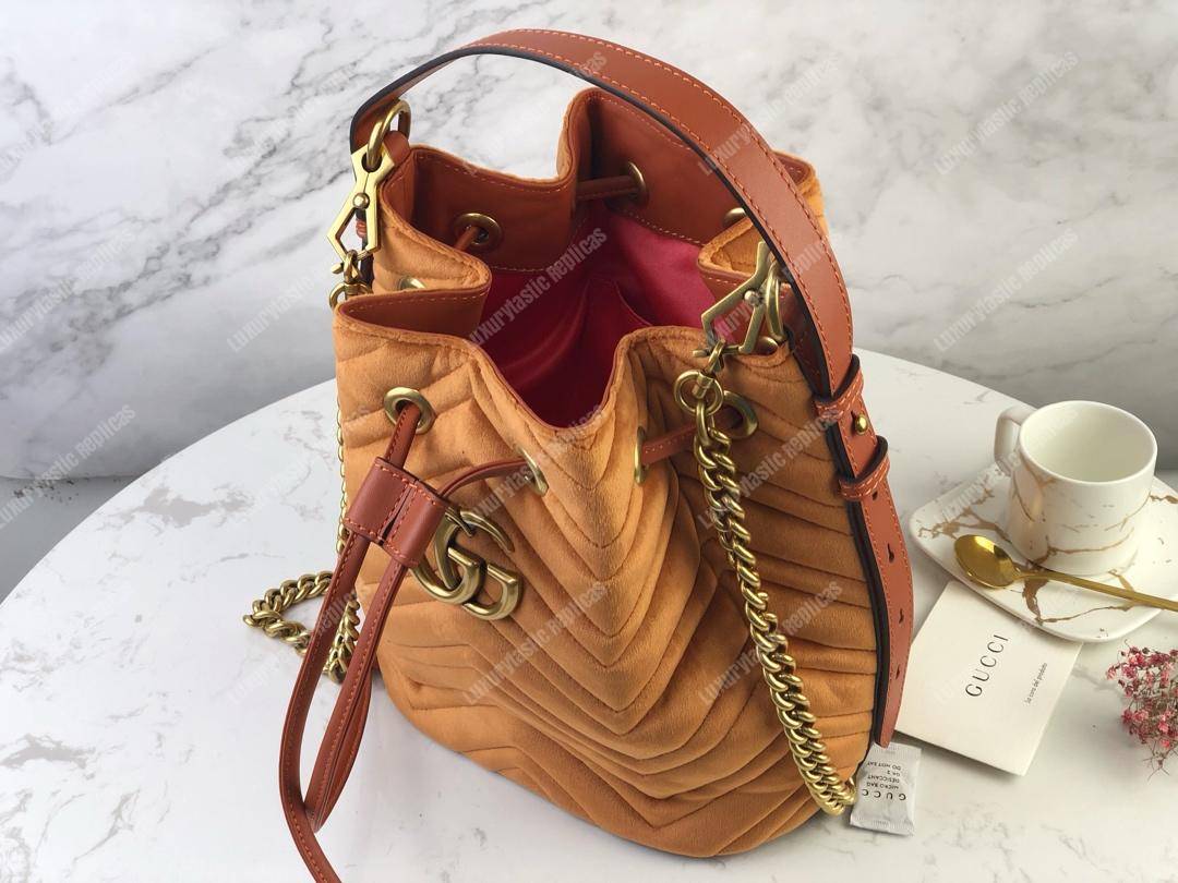 G*u*i gg marmont velvet bucket bag camel