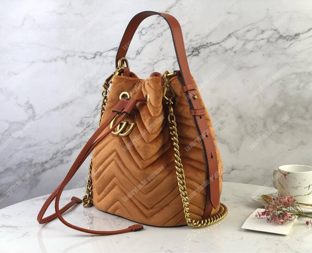 G*u*i gg marmont velvet bucket bag camel