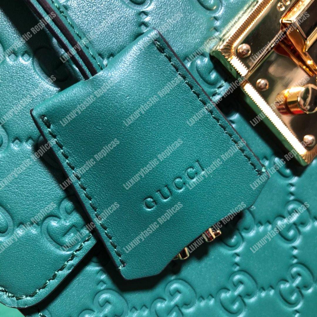 G*u*i padlock small signature top handle bag emerald green