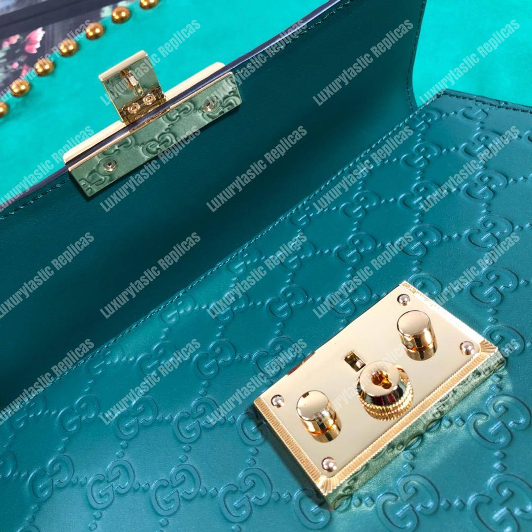 G*u*i padlock small signature top handle bag emerald green