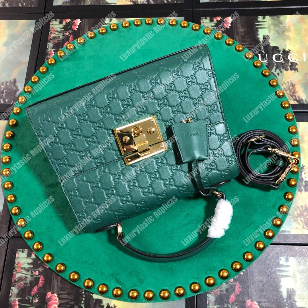 G*u*i padlock small signature top handle bag emerald green