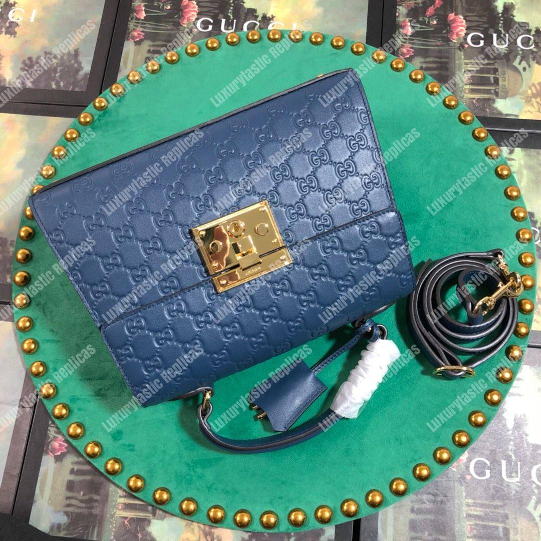 G*u*i padlock small signature top handle bag blue