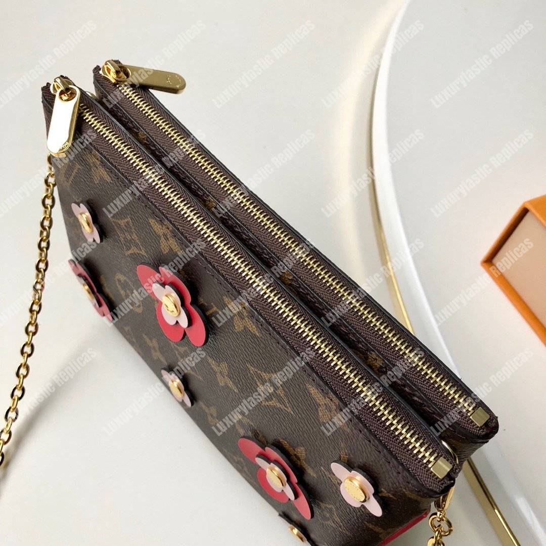 LV Pochette Double Zip Monogram Canvas Cerise Blooming Flowers