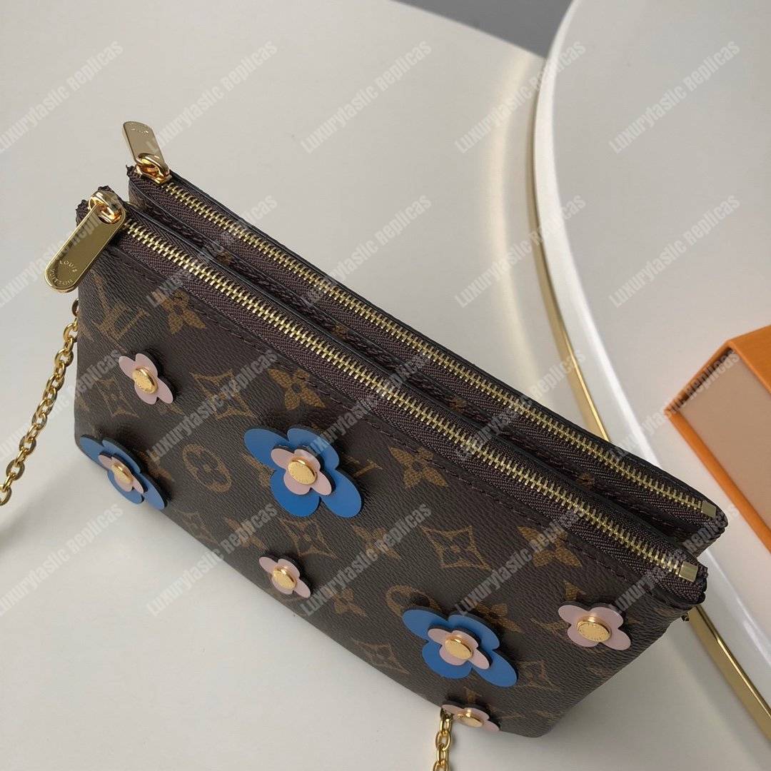 LV Pochette Double Zip Monogram Canvas Blue Blooming Flowers