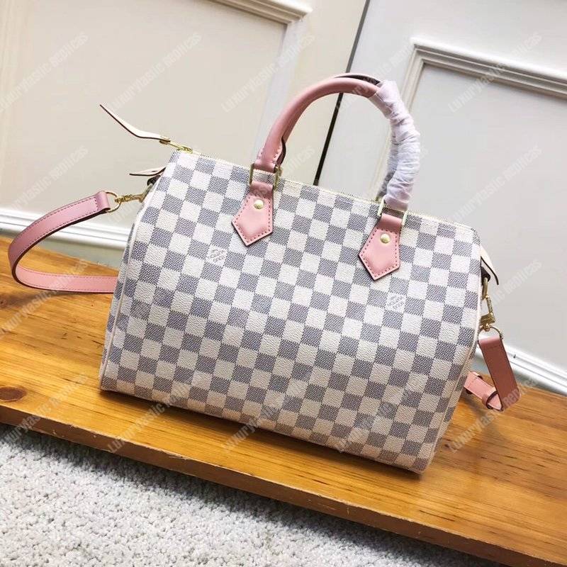 LV Speedy Bandouliere 30 Damier Azur Canvas Rose Ballerine Pink