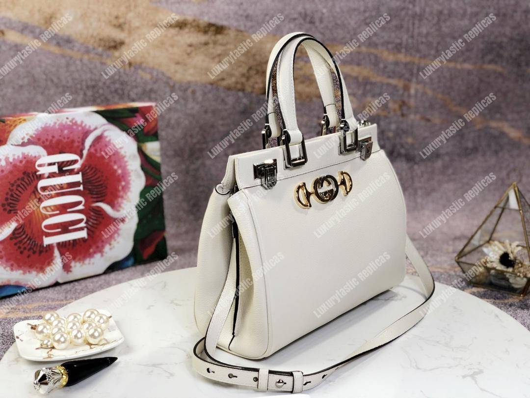 G*u*i zumi grainy leather small top handle bag white