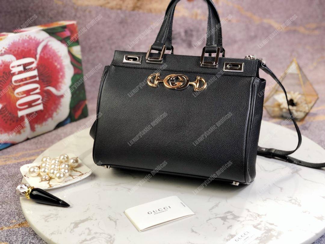 G*u*i zumi grainy leather small top handle bag black