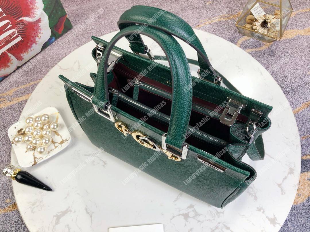 G*u*i zumi grainy leather small top handle bag dark green