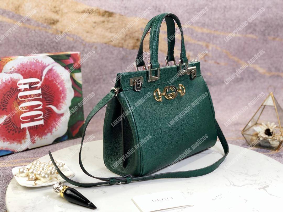 G*u*i zumi grainy leather small top handle bag dark green