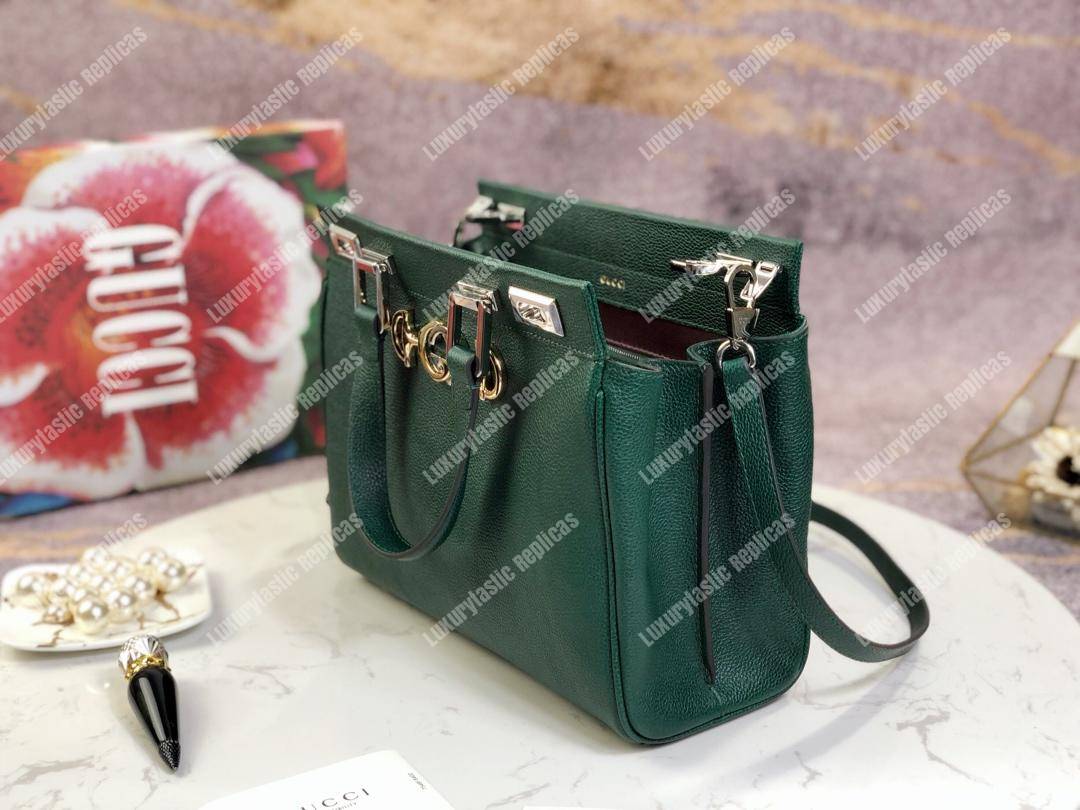 G*u*i zumi grainy leather small top handle bag dark green