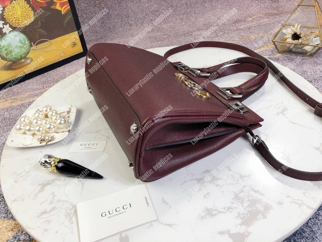 G*u*i zumi grainy leather small top handle bag burgundy