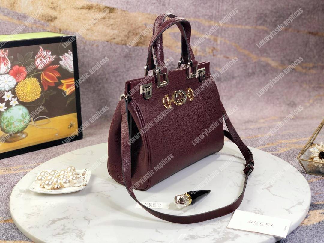 G*u*i zumi grainy leather small top handle bag burgundy