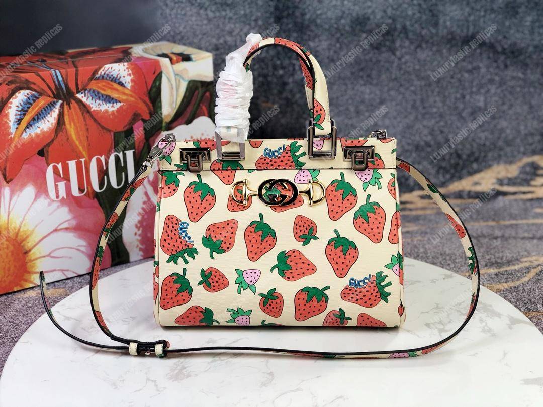G*u*i zumi strawberry print small top handle bag