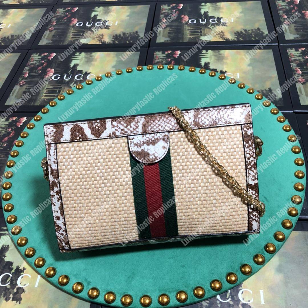 G*u*i online exclusive ophidia straw small shoulder bag cream & brown snakeskin trim