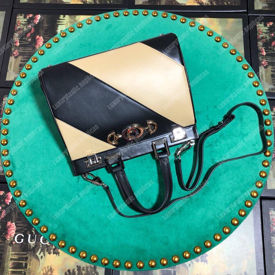 G*u*i zumi diagonal stripe small top handle bag black beige