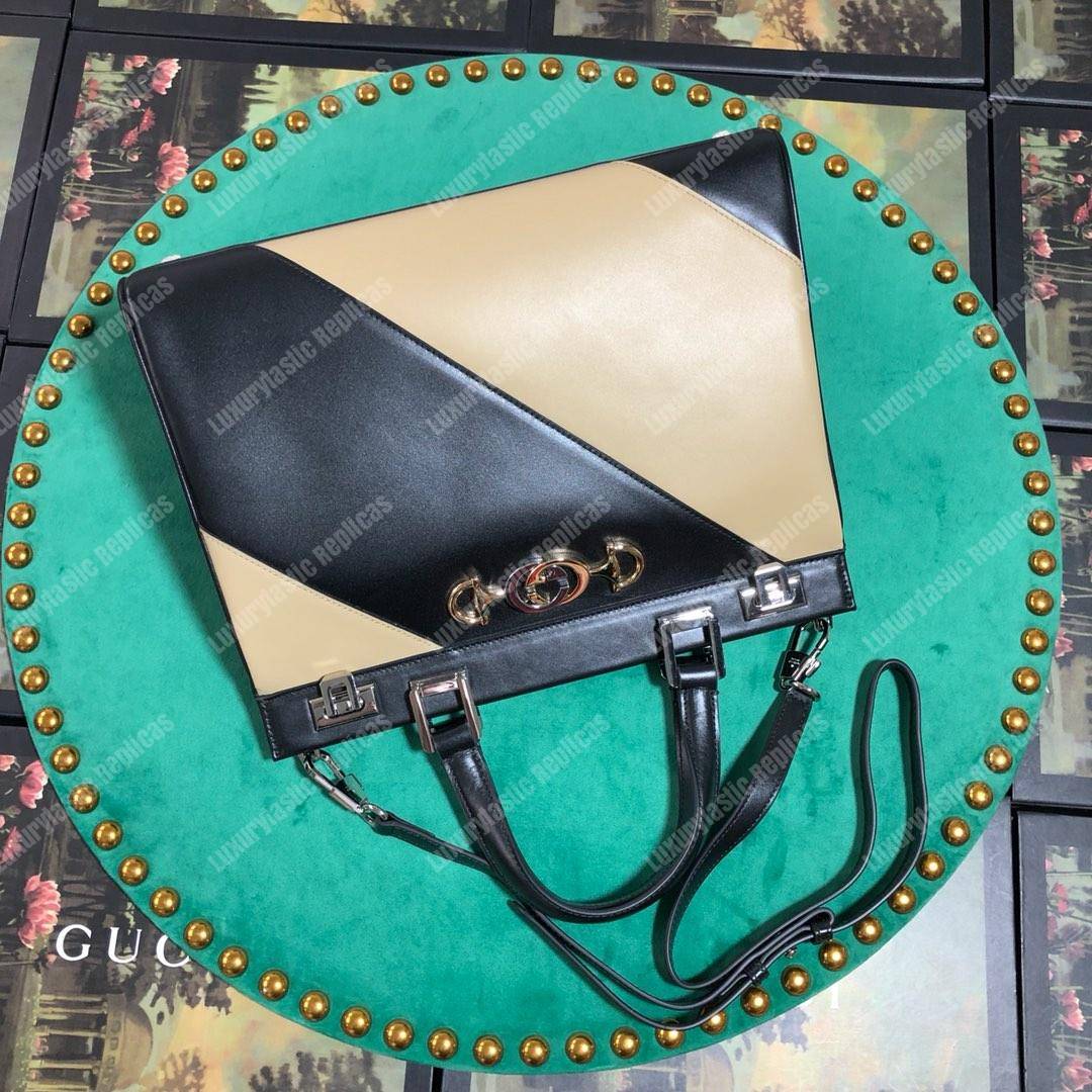 G*u*i zumi diagonal stripe medium top handle bag black beige