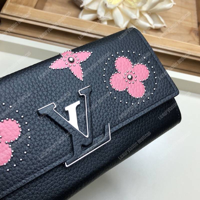 LV Capucines Wallet Taurillon Noir Leather Monogram Pink Flowers