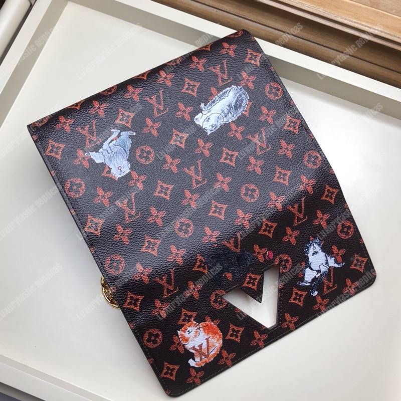 LV Twist Chain Wallet Catogram Dogs and Cats Brown Orange