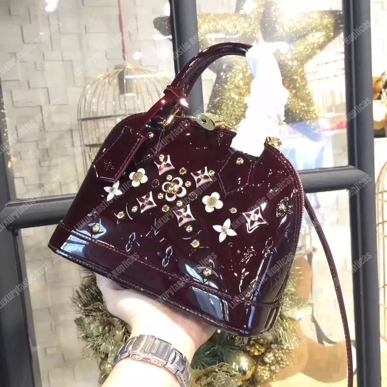 LV Alma BB Tote Bag Monogram Vernis Amarante