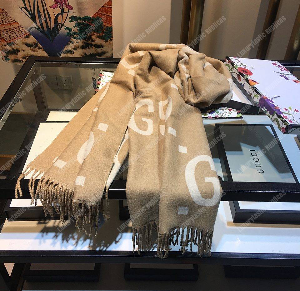 G*u*i gg jacquard wool silk scarf taupe & ivory