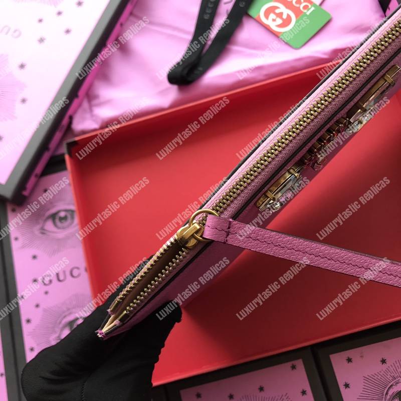 G*u*i leather pouch with double g and crystals pink