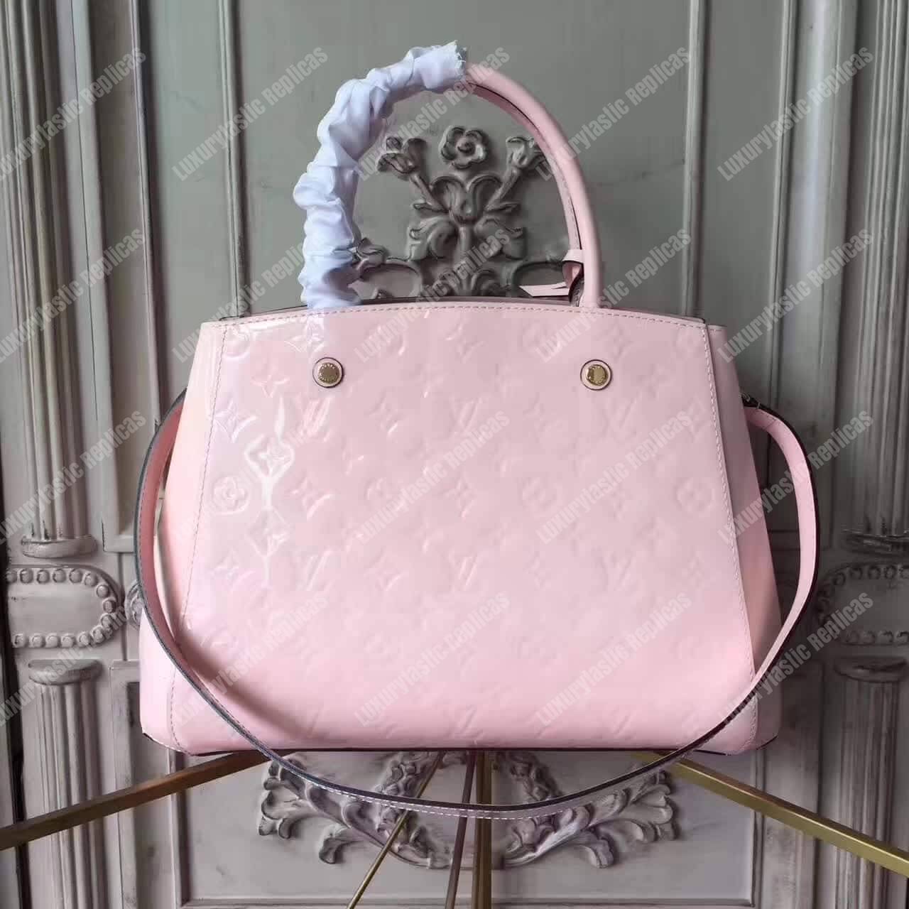 LV Montaigne MM Tote Bag Monogram Vernis Rose Ballerine