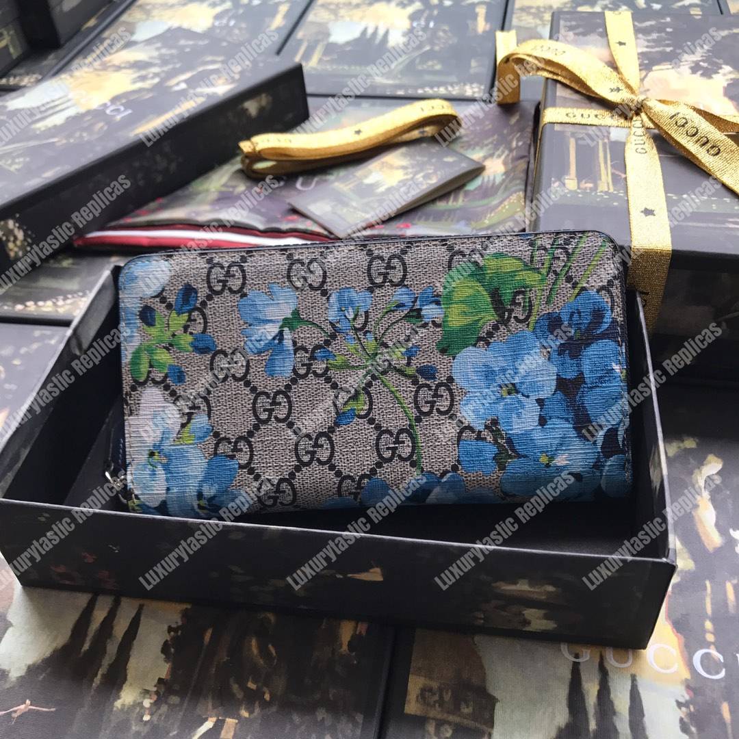 G*u*i gg blue blooms sup*e zip around wallet antique blue