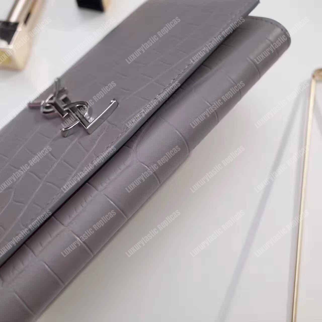 Saint Laurent Large Flap Wallet In Earth Grey Crocodile Embossed Shiny
