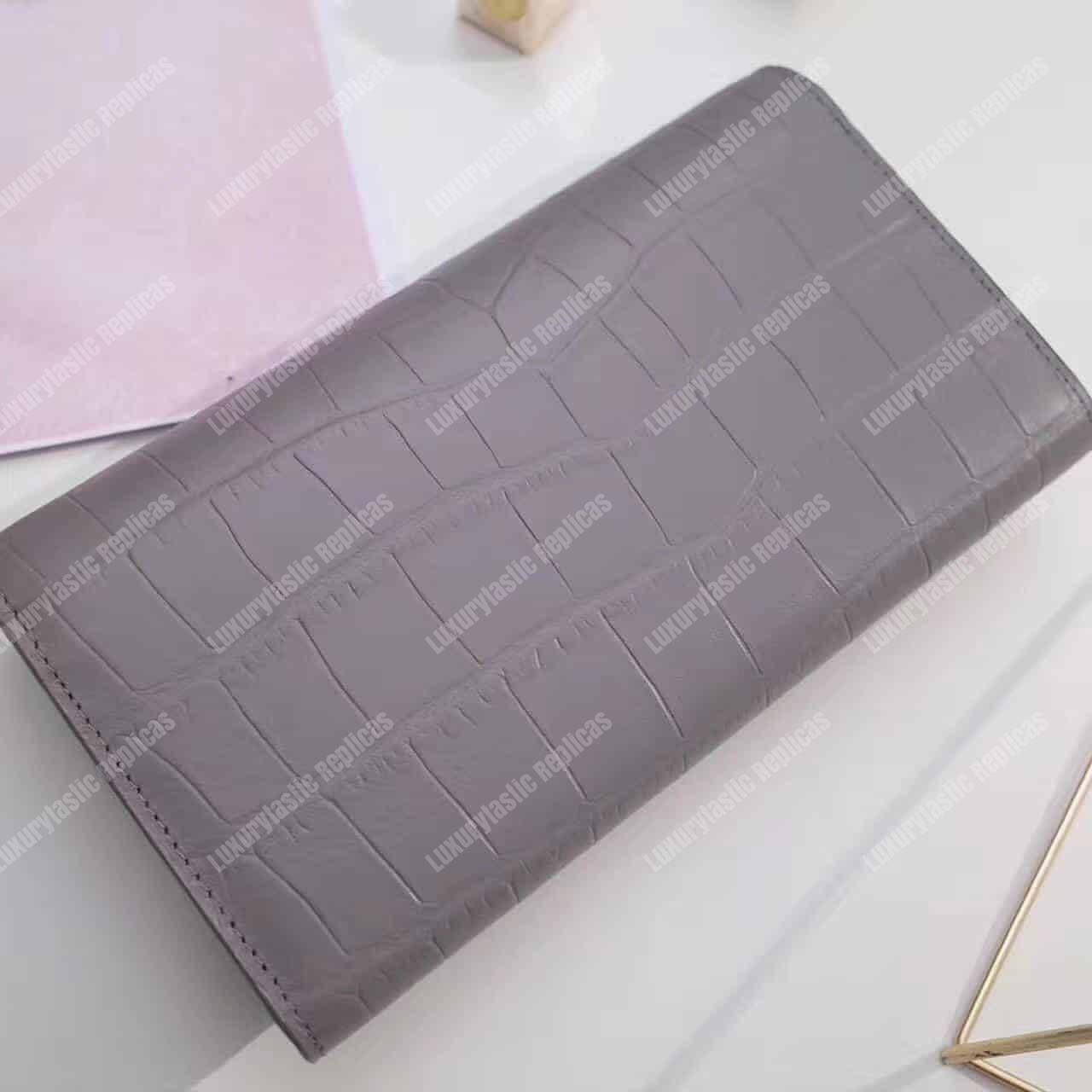 Saint Laurent Large Flap Wallet In Earth Grey Crocodile Embossed Shiny