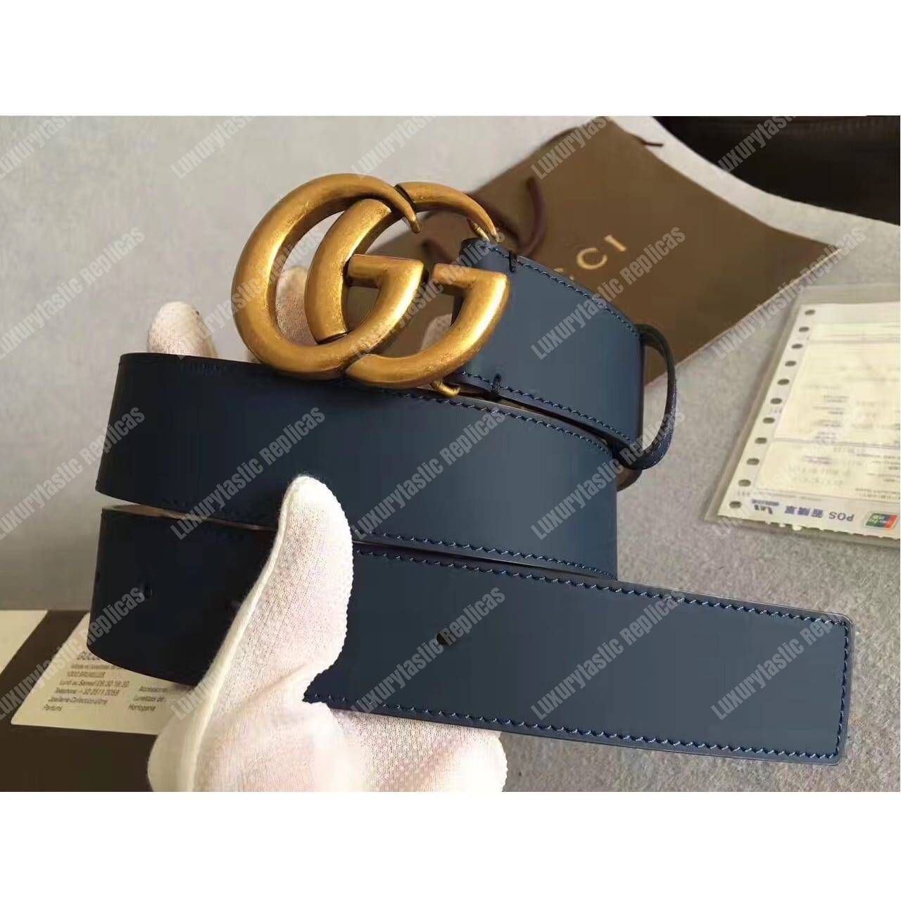 G*u*i marine blue leather belt with double g buckle