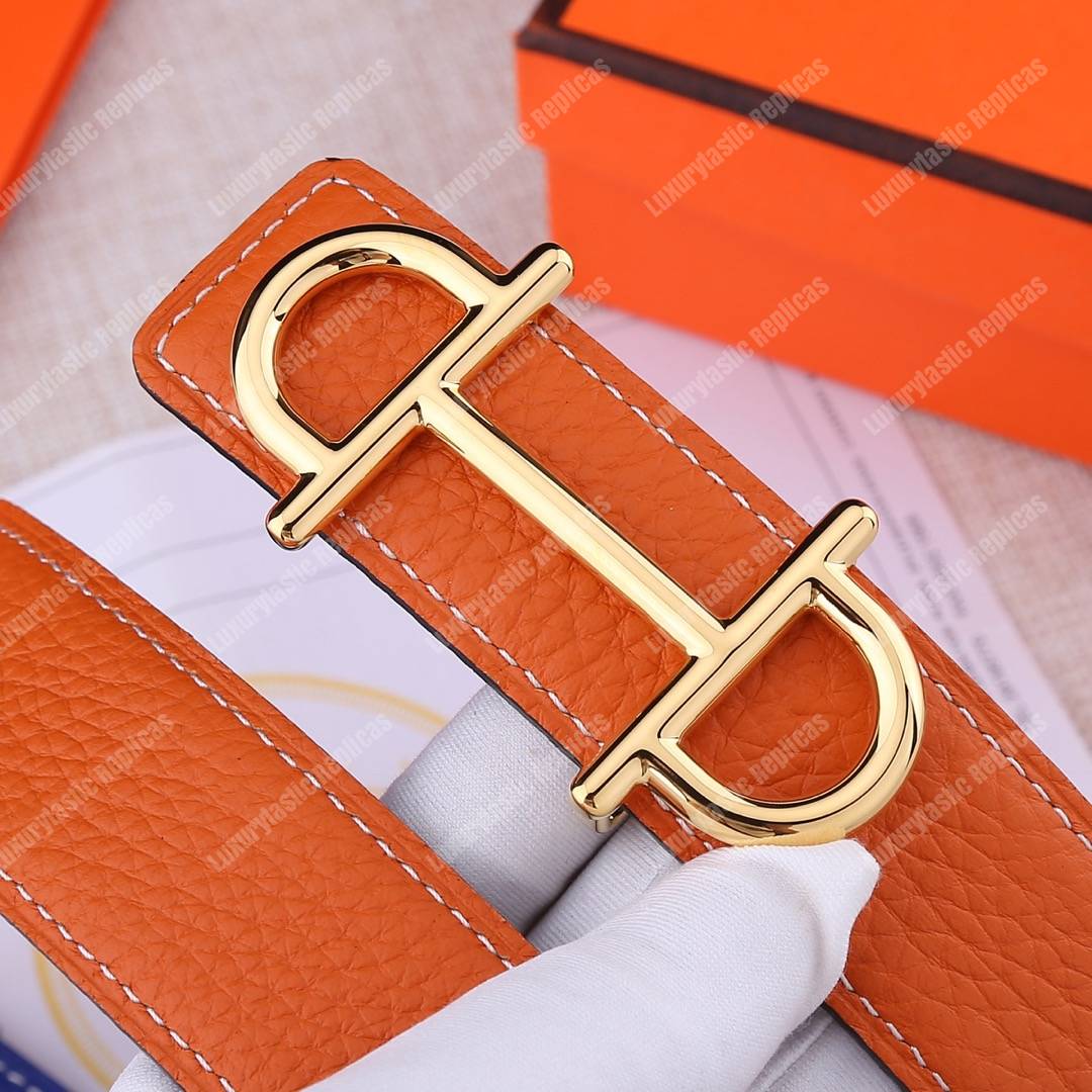 H**mes gamma belt buckle sellier reversible leather strap orange / blue