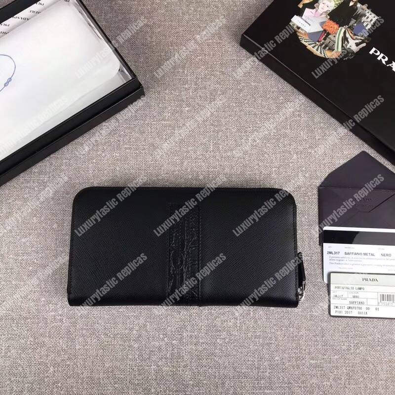 Pra*a saffiano and crocodile leather wallet all black with crocodile insert