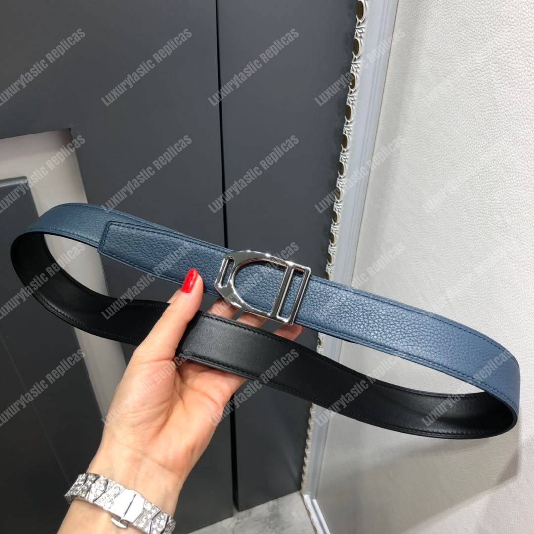 H**mes etrier buckle & reversible leather strap 32 mm noir / bleu de prusse