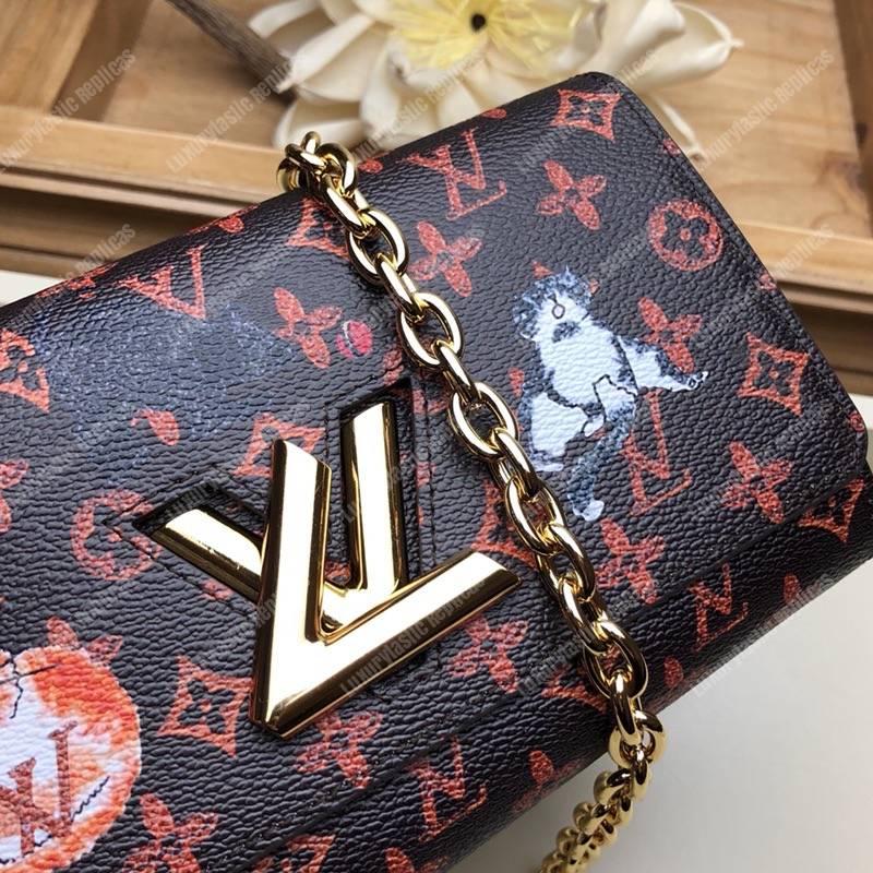 LV Twist Chain Wallet Catogram Dogs and Cats Brown Orange
