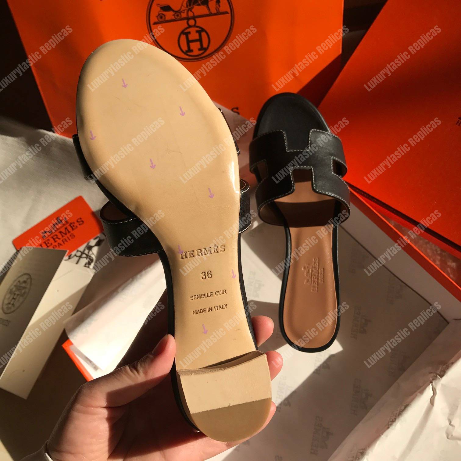 H**mes oran sandal calfskin leather black