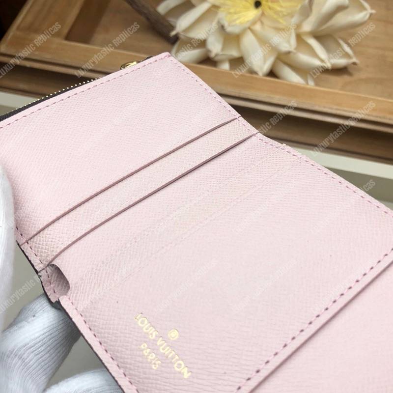 LV Zoé Wallet Damier Ebene Rose Ballerine colored leather