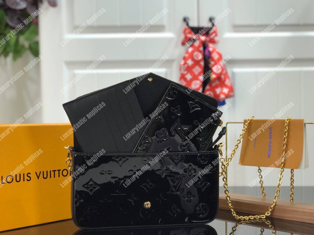 LV Pochette Felicie Monogram Vernis Leather Black