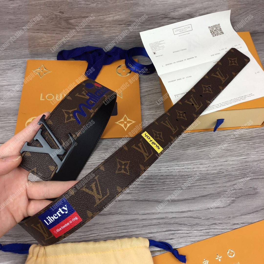 LV Brown Initiales With Printed Stickers 40MM Reversible Leather Belt Black Hardware