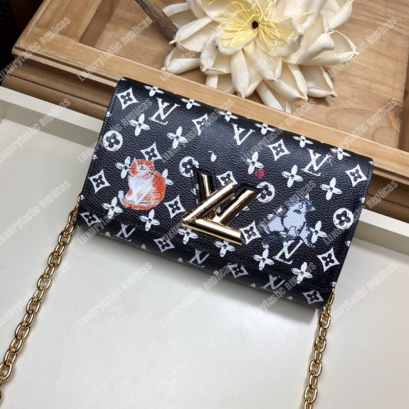 LV Twist Chain Wallet Catogram Dogs and Cats Black White