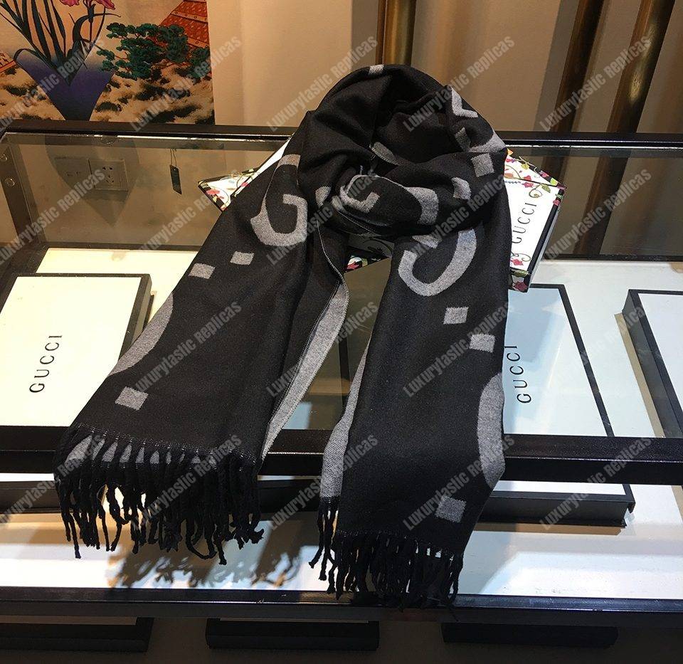 G*u*i gg jacquard wool silk scarf light grey & black